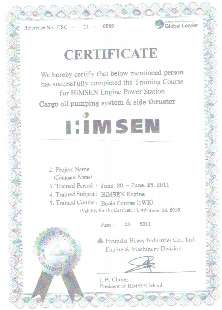 Himsen engine power station certificate