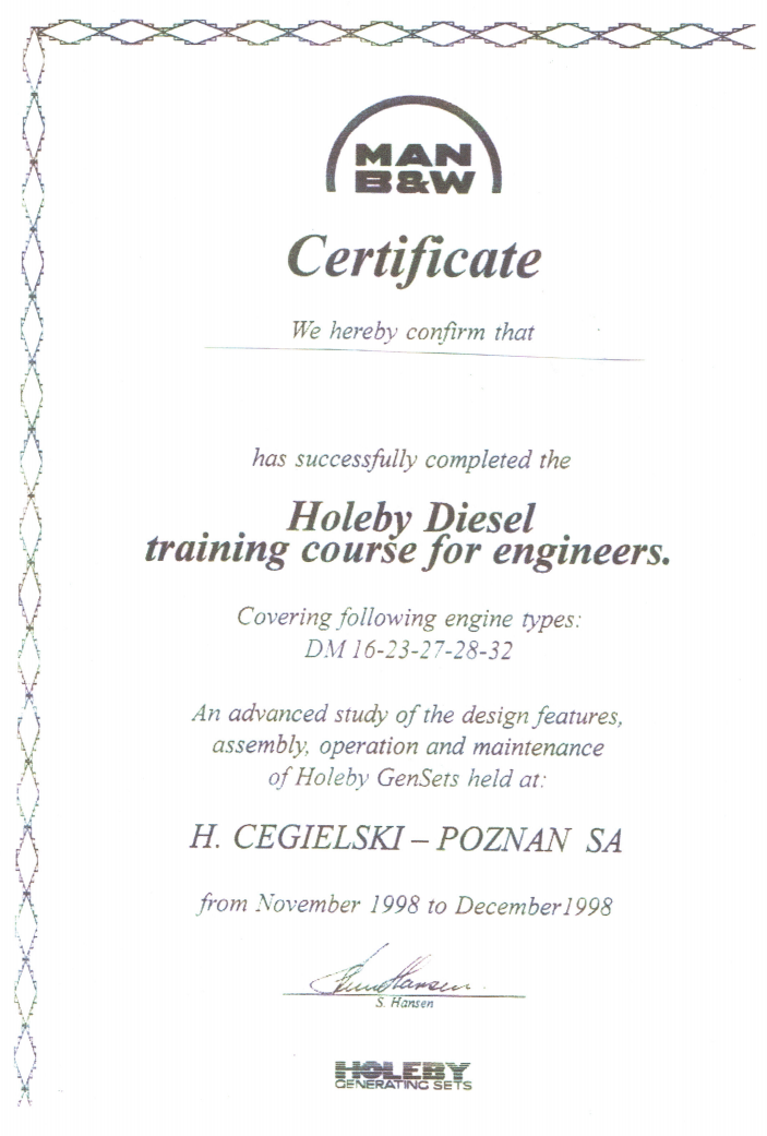 Man B&W diesel engenering certifacate