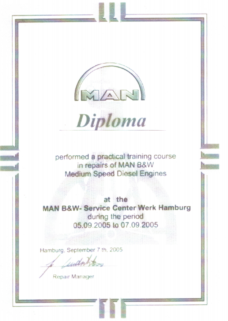 Man B&W Medium speed diesel engines certifacate